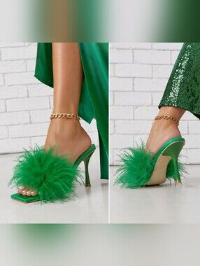 Jeffrey Campbell NEW Size 5.5: Chauffeur Green Feather-Trim High Heel Pump